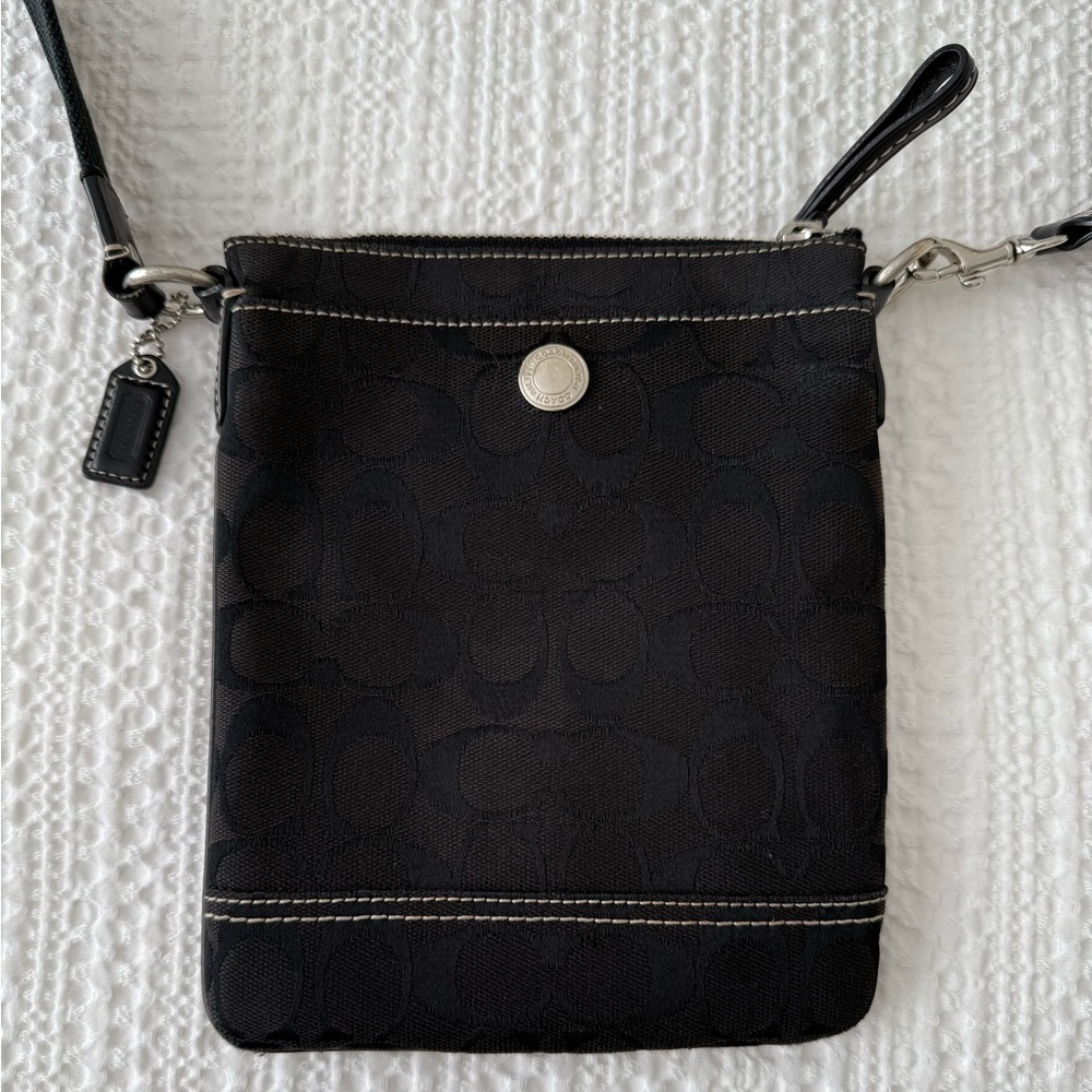 Coach Black Signature Mini Crossbody with Silver Hardware